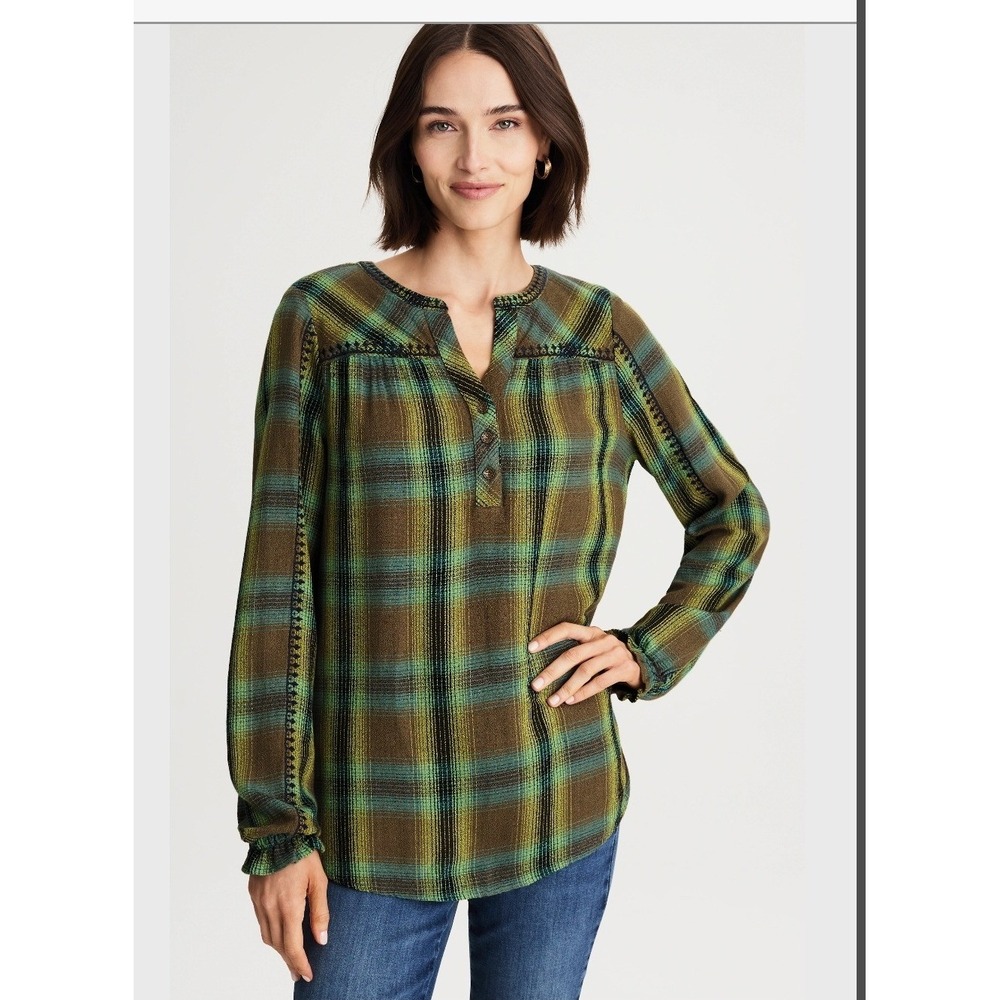 J. Jill Embroidered Plaid Popover XL Brown Green Henley Tunic Top Boho Artisan